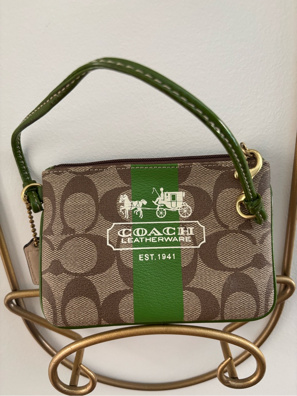 Coach Signature Heritage Stripe Small Wristlet Green Jacquard!